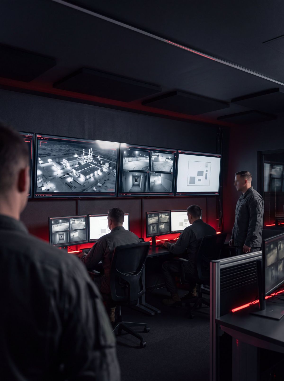 Operators at a command centre with video screens